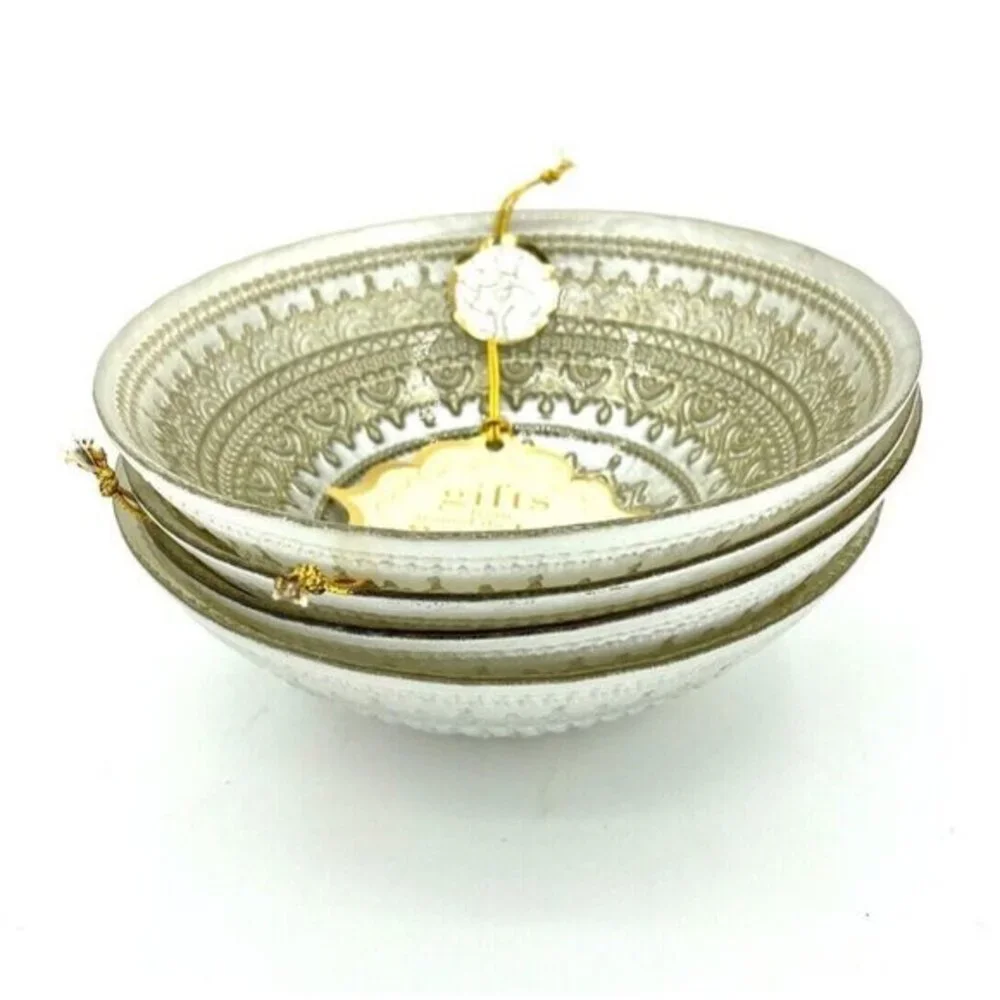 Turkish Glass Bowls Hand Painted Gold Lace Set of 4 White Glass Bowls 6.5